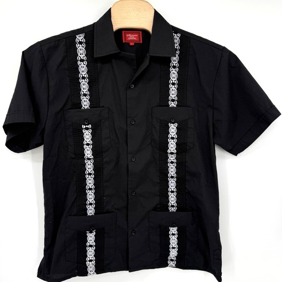 Maximos USA Yucatan Men's Short Sleeve Black Large Guayabera 4 Pocket Button Up - Picture 2 of 6